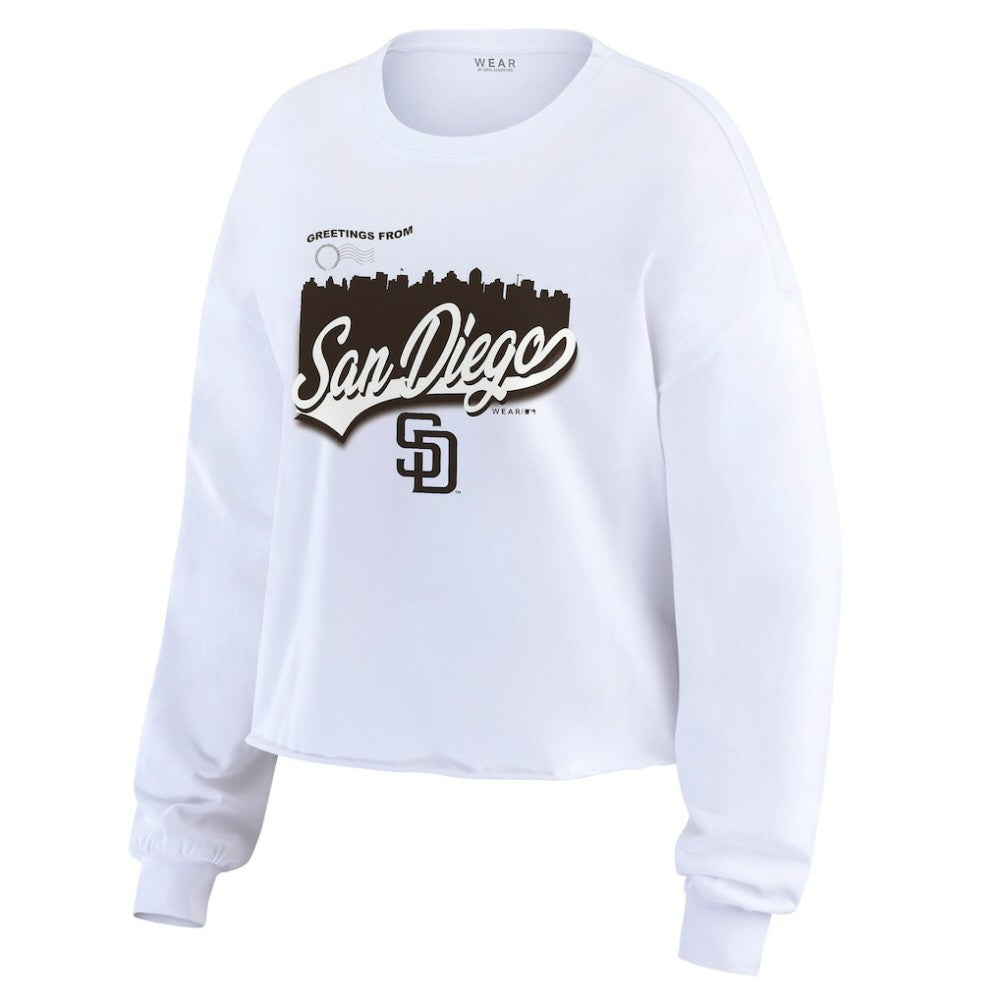 San Diego Padres WEAR by Erin Andrews Women's Domestic Postcard Long Sleeve T-Shirt - White - MLB Lifestyle