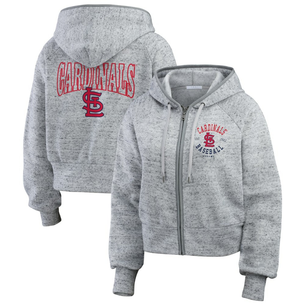St. Louis Cardinals WEAR by Erin Andrews Women's Speckled Fleece Cropped Full-Zip Hoodie - Heather Gray - MLB on Sale