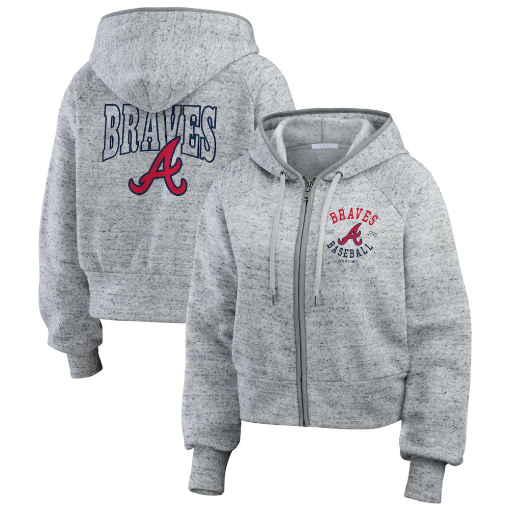 Atlanta Braves WEAR by Erin Andrews Women's Speckled Fleece Cropped Full-Zip Hoodie - Heather Gray - MLB Sale