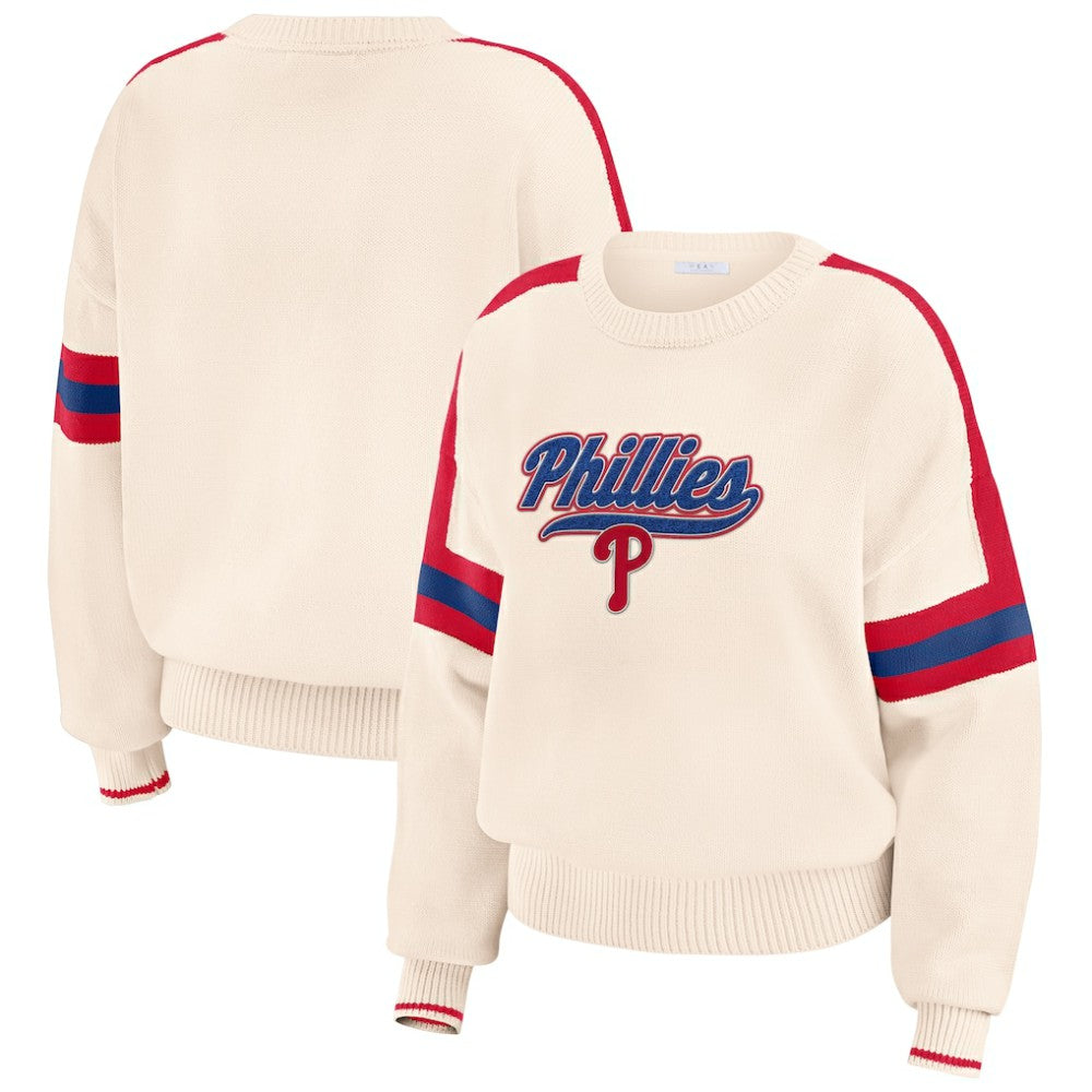 Philadelphia Phillies WEAR by Erin Andrews Women's Stripe Pullover Sweater - Cream - MLB Sale