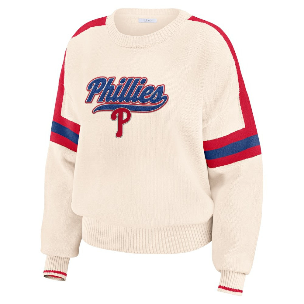 Philadelphia Phillies WEAR by Erin Andrews Women's Stripe Pullover Sweater - Cream - MLB Sale