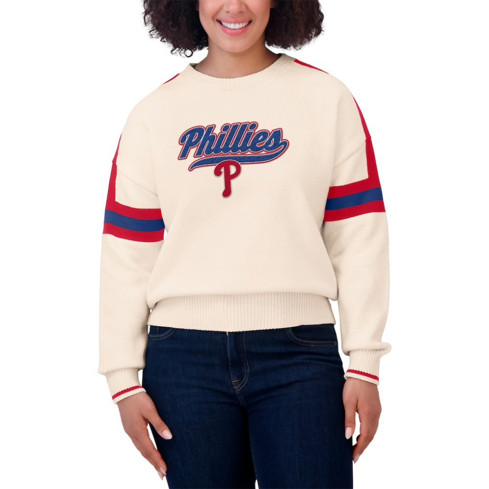 Philadelphia Phillies WEAR by Erin Andrews Women's Stripe Pullover Sweater - Cream - MLB Sale