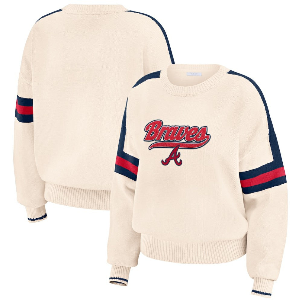 Atlanta Braves WEAR by Erin Andrews Women's Stripe Pullover Sweater - Cream - MLB Lifestyle