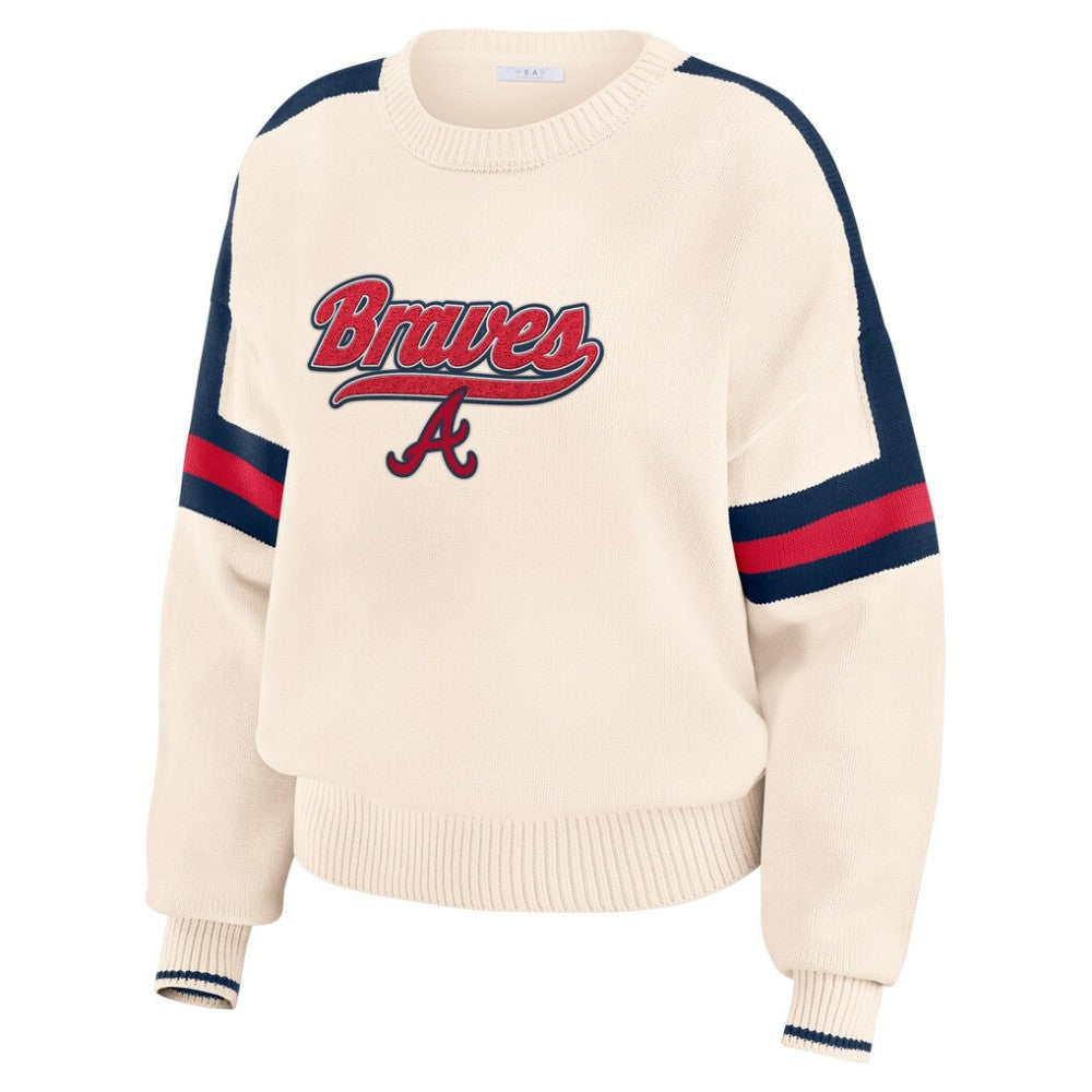 Atlanta Braves WEAR by Erin Andrews Women's Stripe Pullover Sweater - Cream - MLB Lifestyle