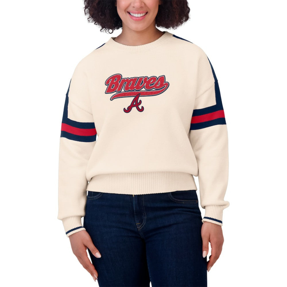 Atlanta Braves WEAR by Erin Andrews Women's Stripe Pullover Sweater - Cream - MLB Lifestyle