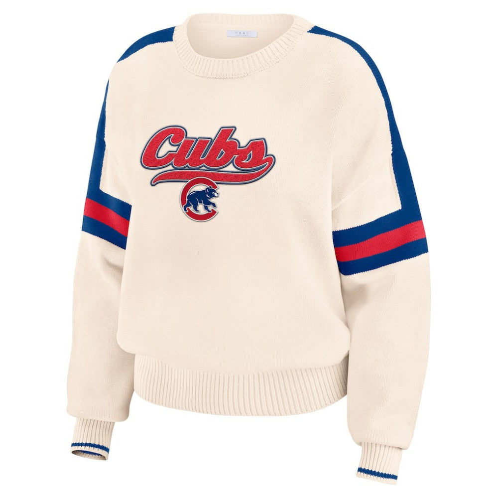 Chicago Cubs WEAR by Erin Andrews Women's Stripe Pullover Sweater - Cream - MLB Discount