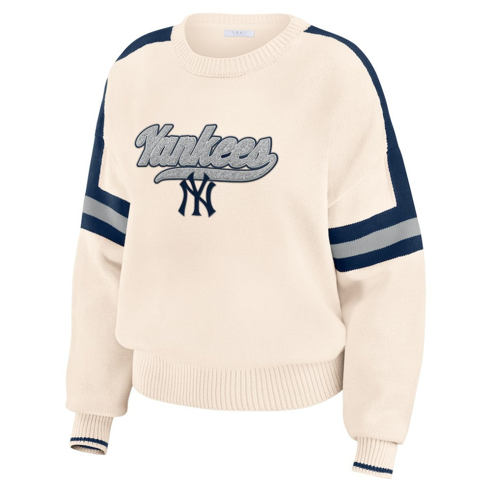 New York Yankees WEAR by Erin Andrews Women's Stripe Pullover Sweater - Cream - MLB Lifestyle