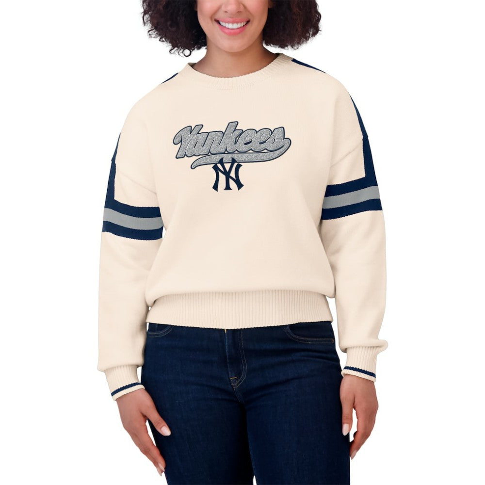 New York Yankees WEAR by Erin Andrews Women's Stripe Pullover Sweater - Cream - MLB Lifestyle
