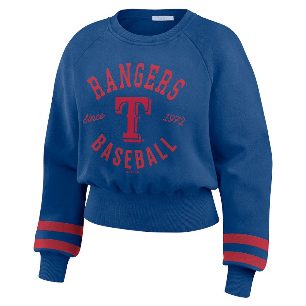 Texas Rangers WEAR by Erin Andrews Women's Vintage Washed Cropped Pullover Sweatshirt - Royal - MLB Discount