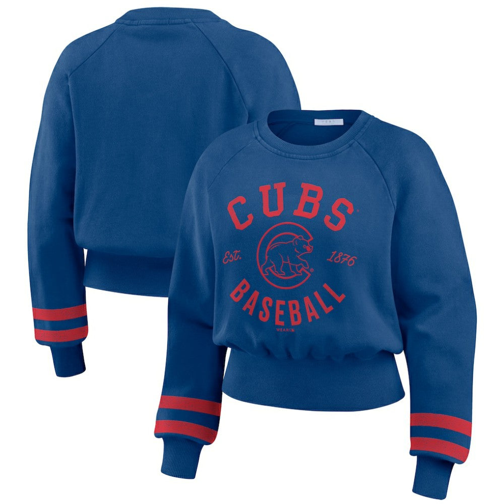 Chicago Cubs WEAR by Erin Andrews Women's Vintage Washed Cropped Pullover Sweatshirt - Royal - MLB Lifestyle