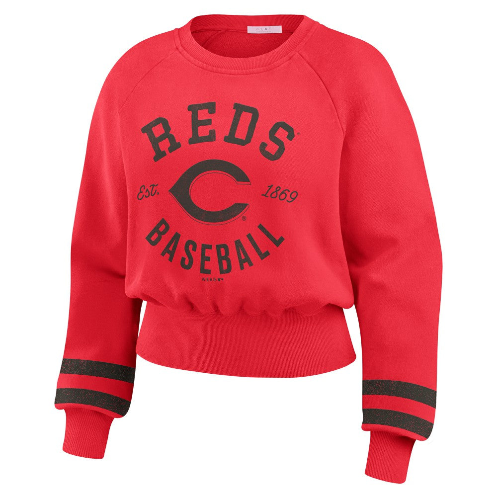 Cincinnati Reds WEAR by Erin Andrews Women's Vintage Washed Cropped Pullover Sweatshirt - Red - MLB on Sale