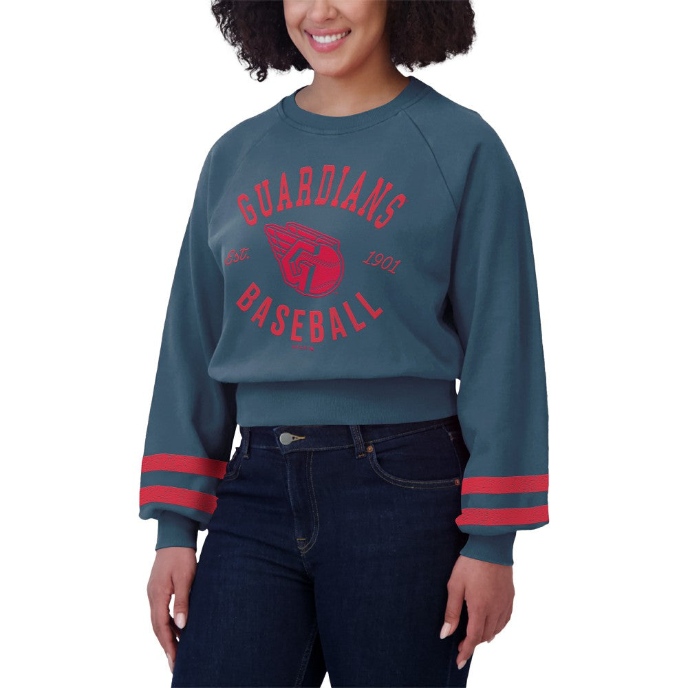 Cleveland Guardians WEAR by Erin Andrews Women's Vintage Washed Cropped Pullover Sweatshirt - Navy - MLB Lifestyle