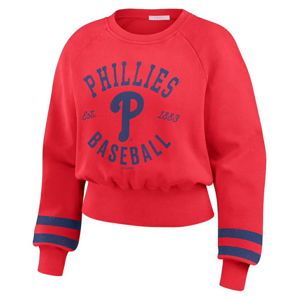 Philadelphia Phillies WEAR by Erin Andrews Women's Vintage Washed Cropped Pullover Sweatshirt - Red - MLB Discount