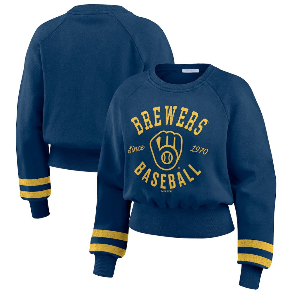 Milwaukee Brewers WEAR by Erin Andrews Women's Vintage Washed Cropped Pullover Sweatshirt - Navy - MLB Discount