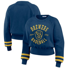 Milwaukee Brewers WEAR by Erin Andrews Women's Vintage Washed Cropped Pullover Sweatshirt - Navy - MLB Discount