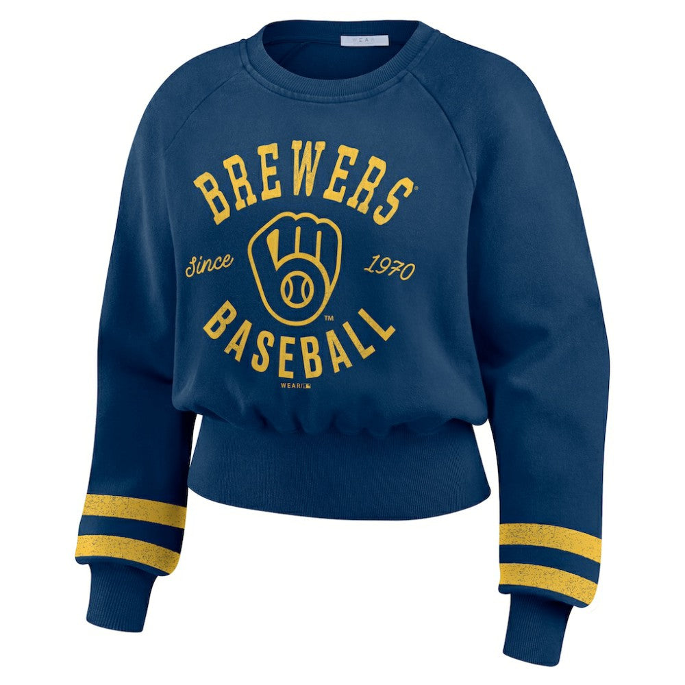 Milwaukee Brewers WEAR by Erin Andrews Women's Vintage Washed Cropped Pullover Sweatshirt - Navy - MLB Discount