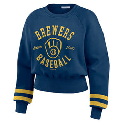 Milwaukee Brewers WEAR by Erin Andrews Women's Vintage Washed Cropped Pullover Sweatshirt - Navy - MLB Discount