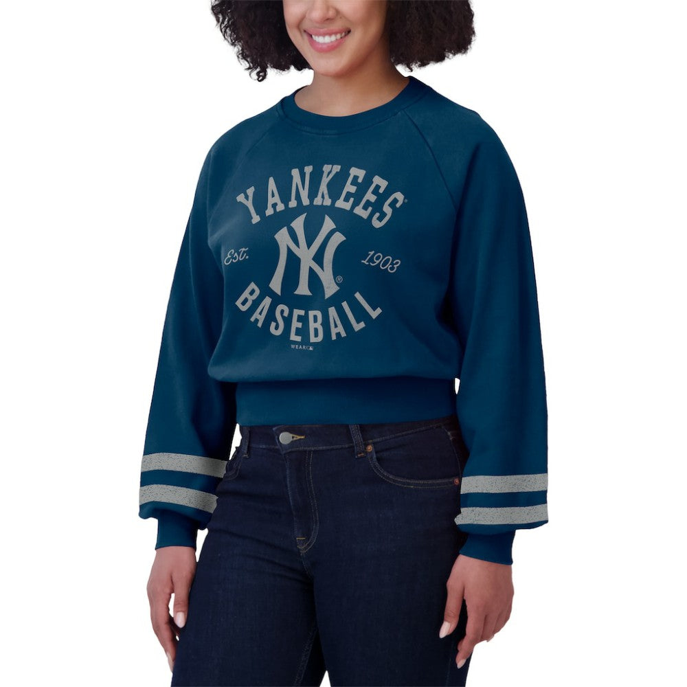 New York Yankees WEAR by Erin Andrews Women's Vintage Washed Cropped Pullover Sweatshirt - Navy - MLB Discount