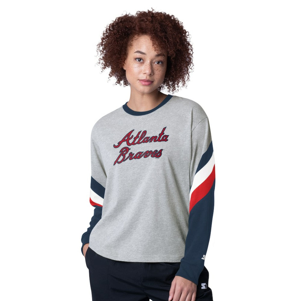 Atlanta Braves Starter Women's Triple A Fashion Color Block Long Sleeve Top - Heather Gray - MLB Sale