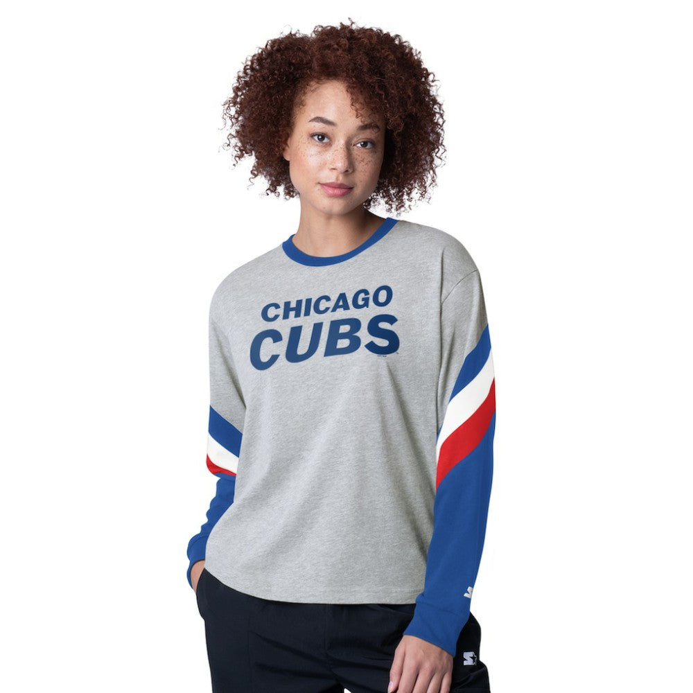 Chicago Cubs Starter Women's Triple A Fashion Color Block Long Sleeve Top - Heather Gray - MLB Sale