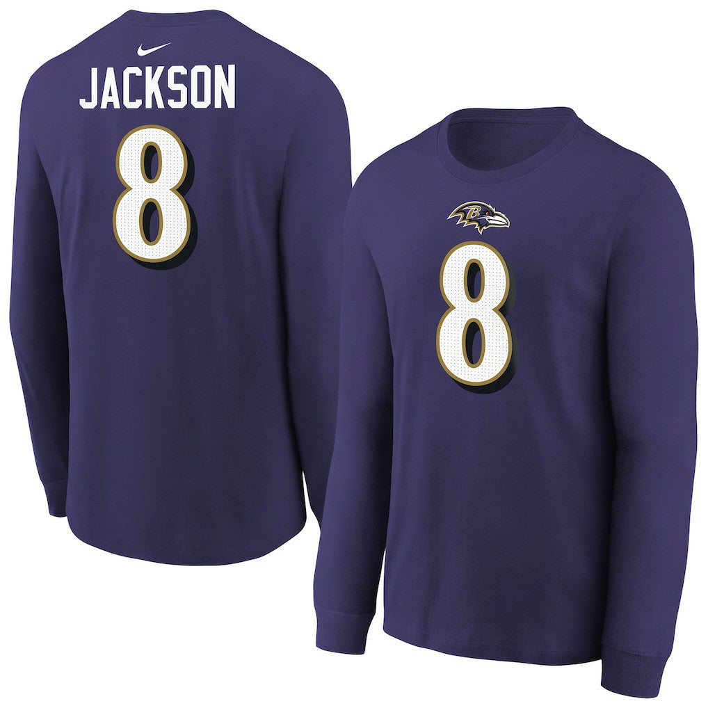 Nike Lamar Jackson Baltimore Ravens Youth Player Name & Number Long Sleeve T-Shirt Purple