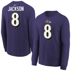Nike Lamar Jackson Baltimore Ravens Youth Player Name & Number Long Sleeve T-Shirt Purple
