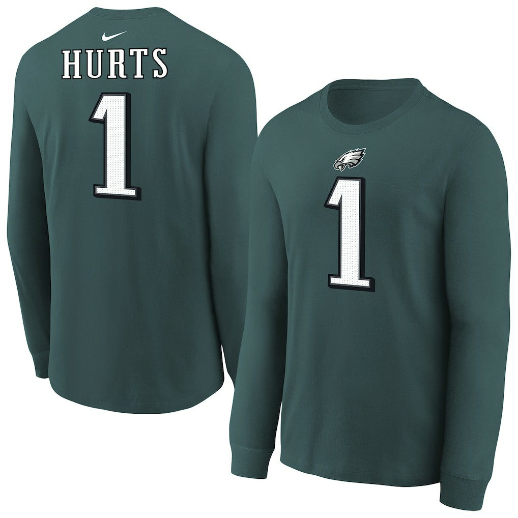 Nike Jalen Hurts Philadelphia Eagles Youth Player Name & Number Long Sleeve T-Shirt Midnight Green