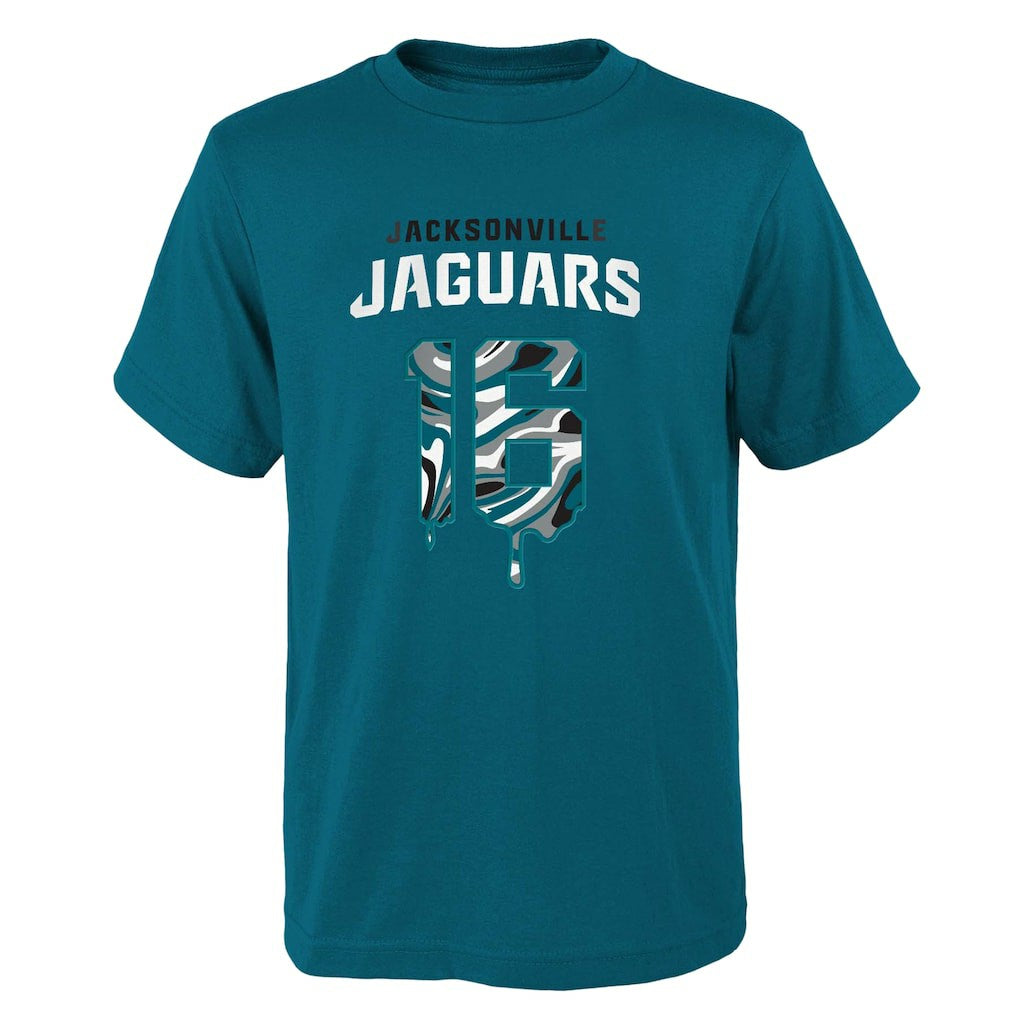 Trevor Lawrence Jacksonville Jaguars Youth Mainliner Drip Player Name & Number T-Shirt Teal