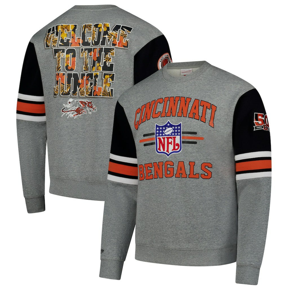 Mitchell & Ness Cincinnati Bengals All Over 4.0 Vintage Logo Pullover Sweatshirt Heather Gray
