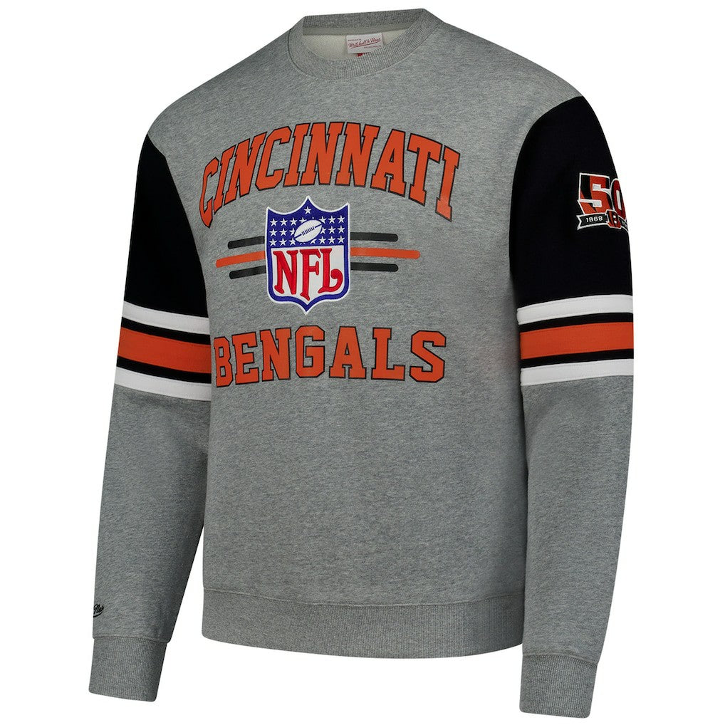 Mitchell & Ness Cincinnati Bengals All Over 4.0 Vintage Logo Pullover Sweatshirt Heather Gray