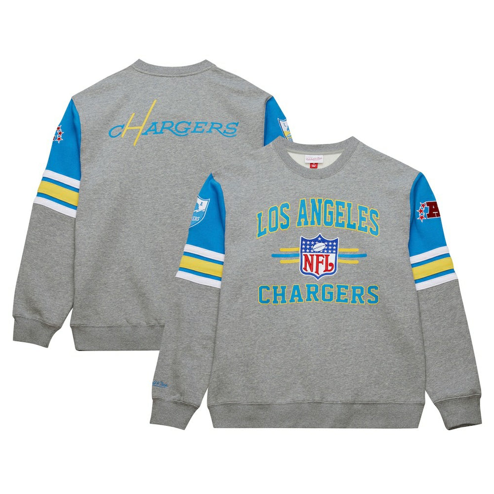 Mitchell & Ness Los Angeles Chargers All Over 4.0 Vintage Logo Pullover Sweatshirt Heather Gray
