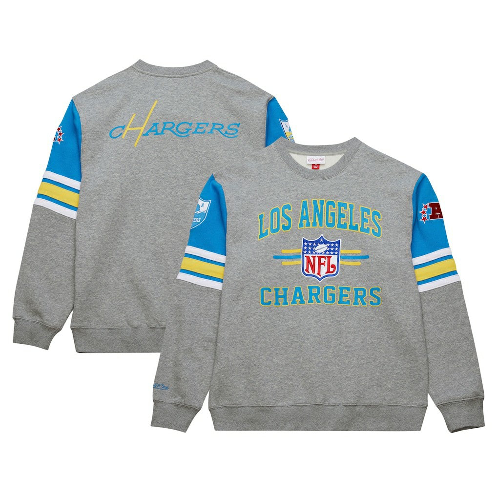 Mitchell & Ness Los Angeles Chargers All Over 4.0 Vintage Logo Pullover Sweatshirt Heather Gray