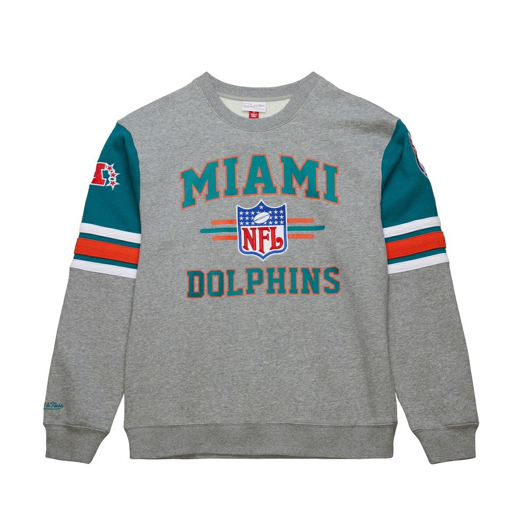 Mitchell & Ness Miami Dolphins All Over 4.0 Vintage Logo Pullover Sweatshirt Heather Gray