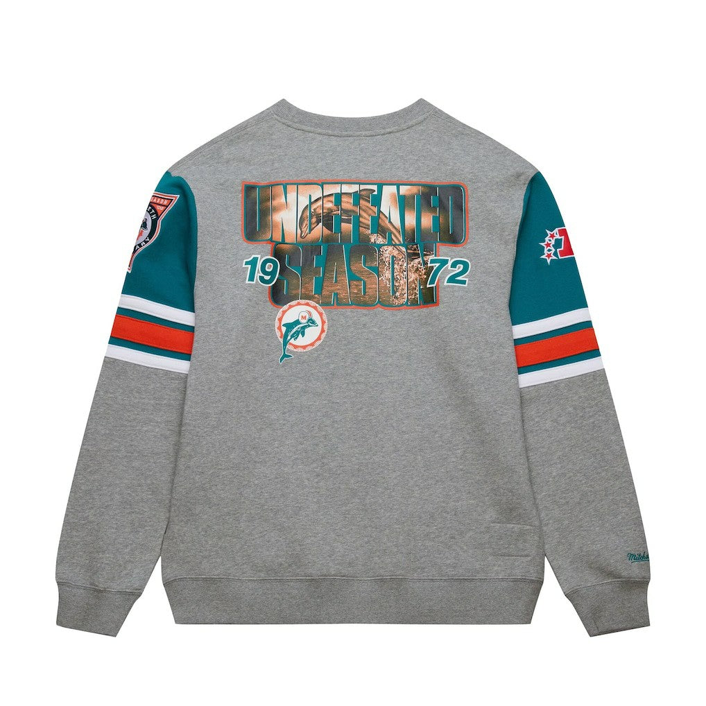 Mitchell & Ness Miami Dolphins All Over 4.0 Vintage Logo Pullover Sweatshirt Heather Gray