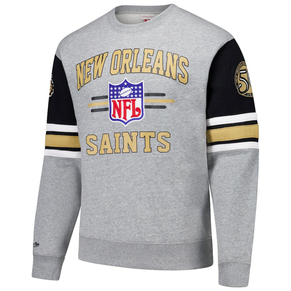 Mitchell & Ness New Orleans Saints All Over 4.0 Vintage Logo Pullover Sweatshirt Heather Gray