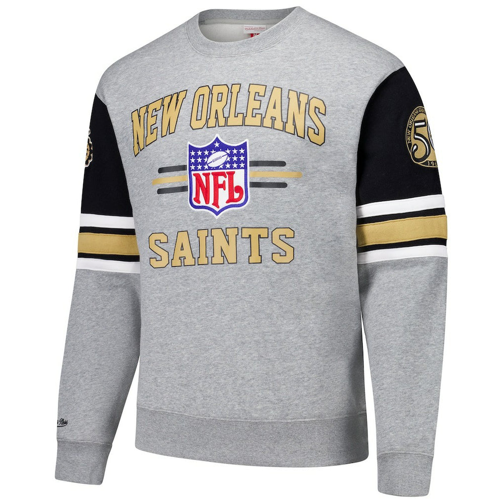 Mitchell & Ness New Orleans Saints All Over 4.0 Vintage Logo Pullover Sweatshirt Heather Gray