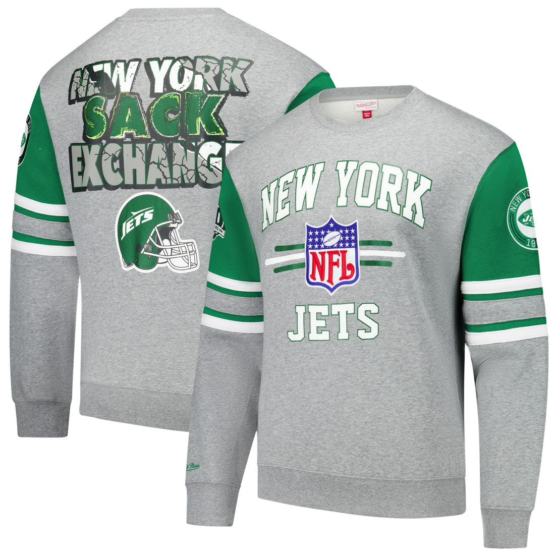 Mitchell & Ness New York Jets All Over 4.0 Vintage Logo Pullover Sweatshirt Heather Gray