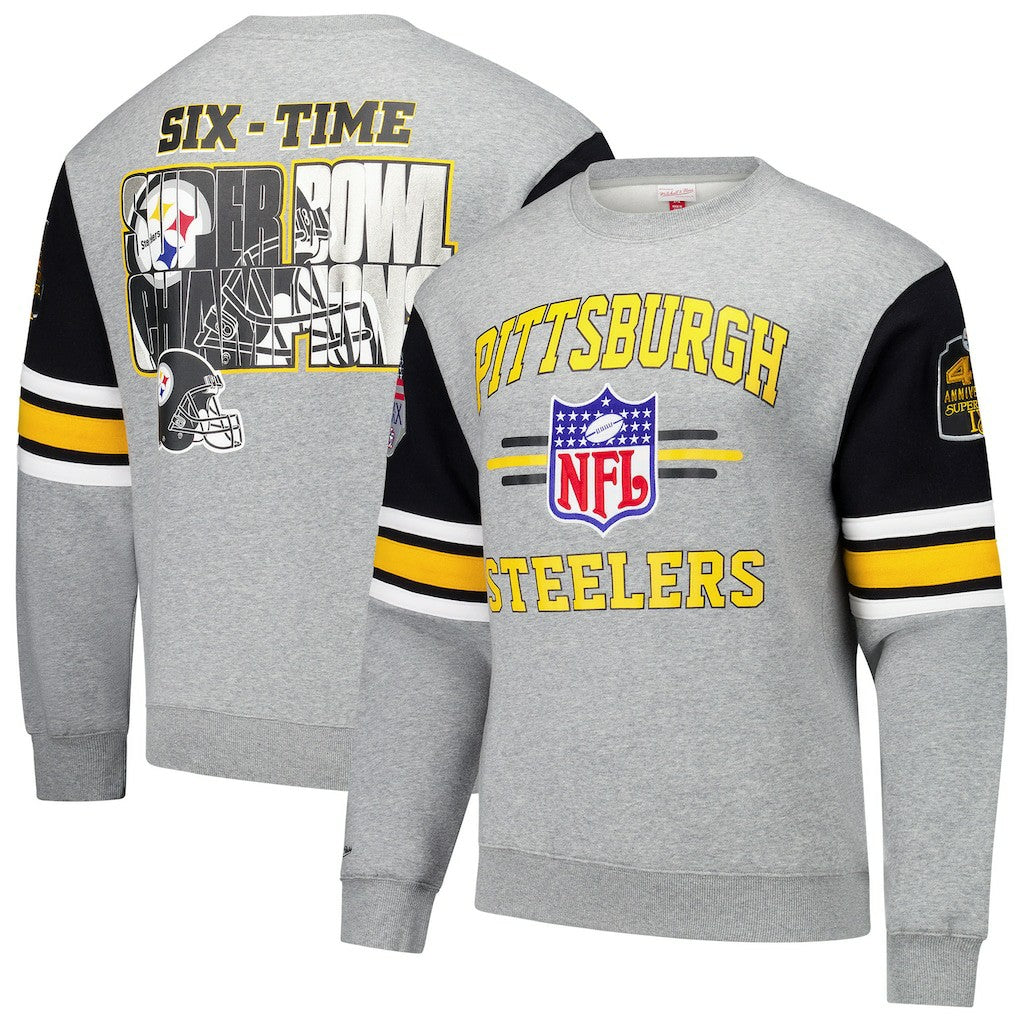Mitchell & Ness Pittsburgh Steelers All Over 4.0 Vintage Logo Pullover Sweatshirt Heather Gray