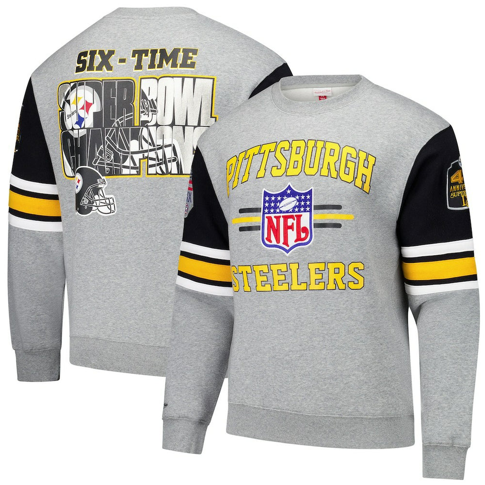 Mitchell & Ness Pittsburgh Steelers All Over 4.0 Vintage Logo Pullover Sweatshirt Heather Gray