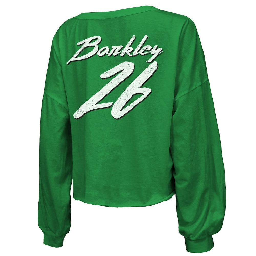 Saquon Barkley Philadelphia Eagles Majestic Threads Women's Name & Number Off-Shoulder Script Cropped Long Sleeve Relaxed V-Neck T-Shirt Kelly Green