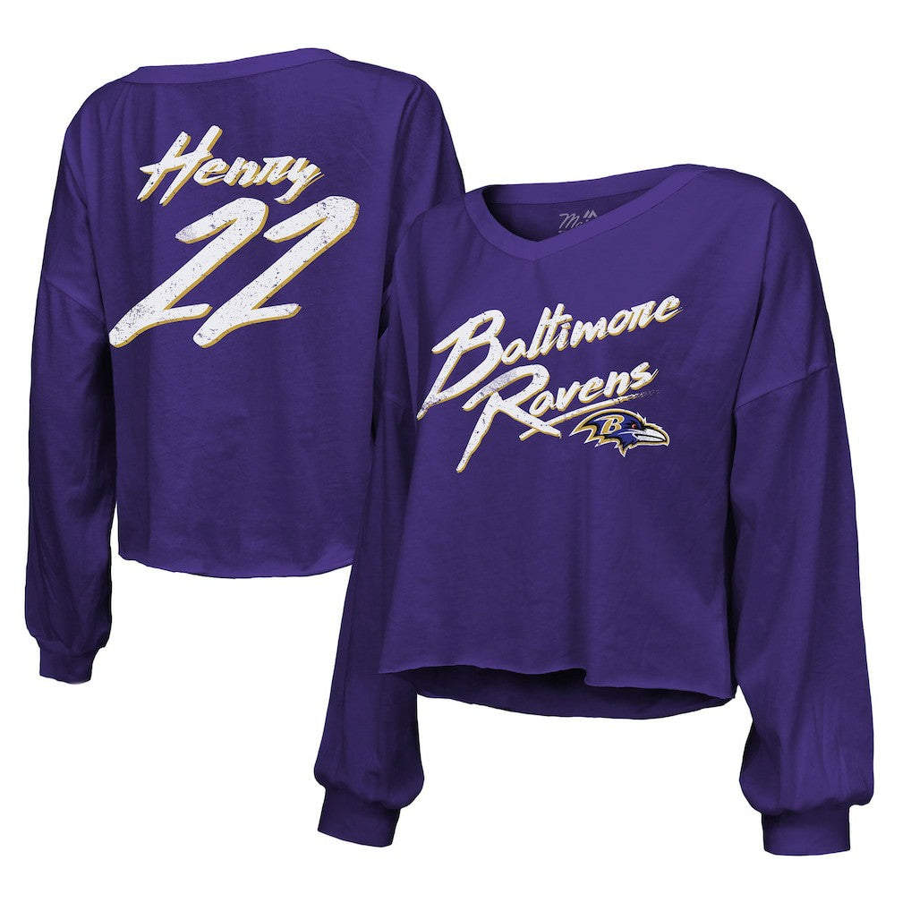 Derrick Henry Baltimore Ravens Majestic Threads Women's Name & Number Off-Shoulder Script Cropped Long Sleeve Relaxed V-Neck T-Shirt Purple