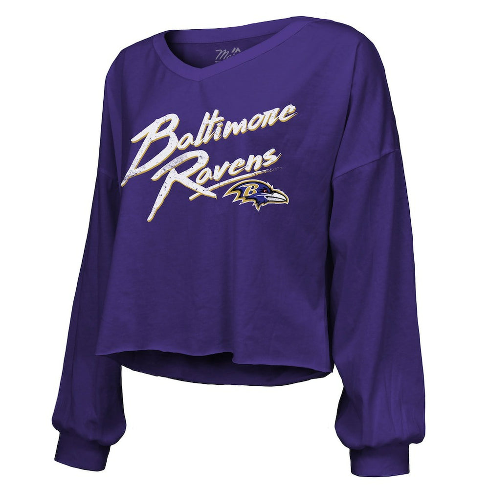 Derrick Henry Baltimore Ravens Majestic Threads Women's Name & Number Off-Shoulder Script Cropped Long Sleeve Relaxed V-Neck T-Shirt Purple