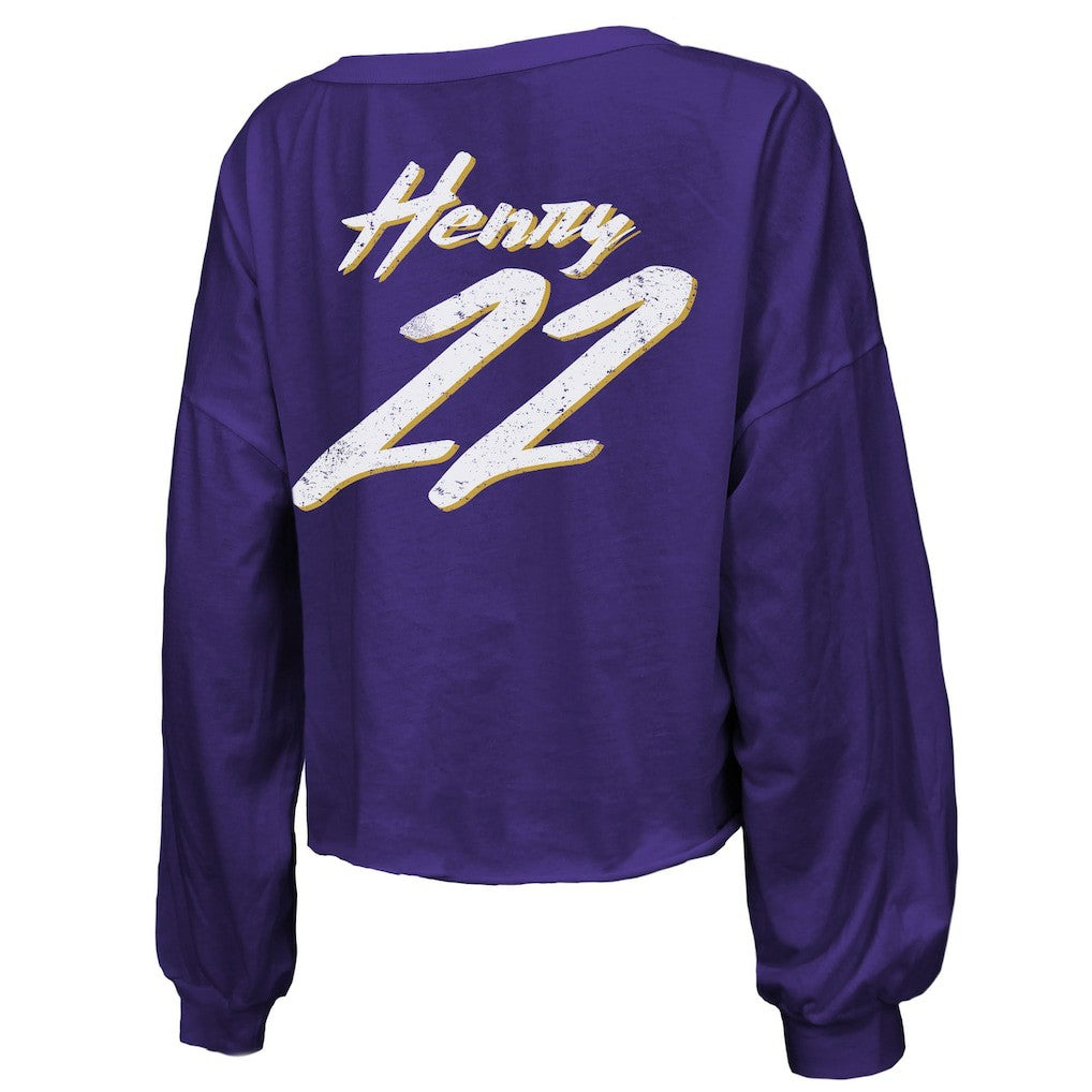 Derrick Henry Baltimore Ravens Majestic Threads Women's Name & Number Off-Shoulder Script Cropped Long Sleeve Relaxed V-Neck T-Shirt Purple