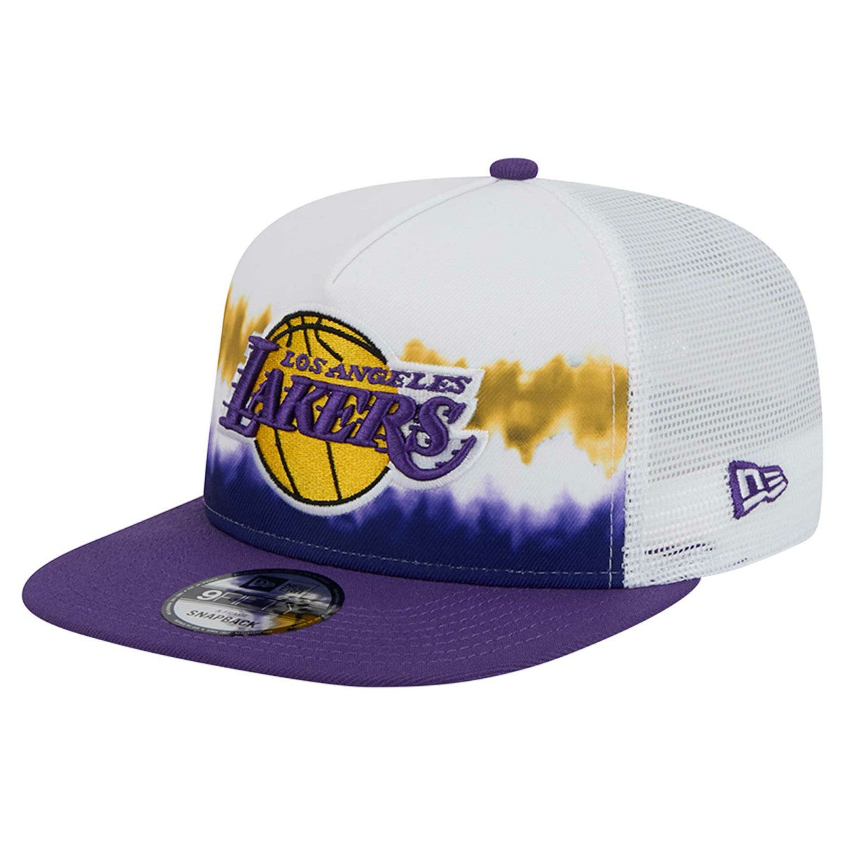 Los Angeles Lakers Dip-Dye 9FIFTY A-Frame Trucker Snapback Hat White/Purple | New Era Near Me