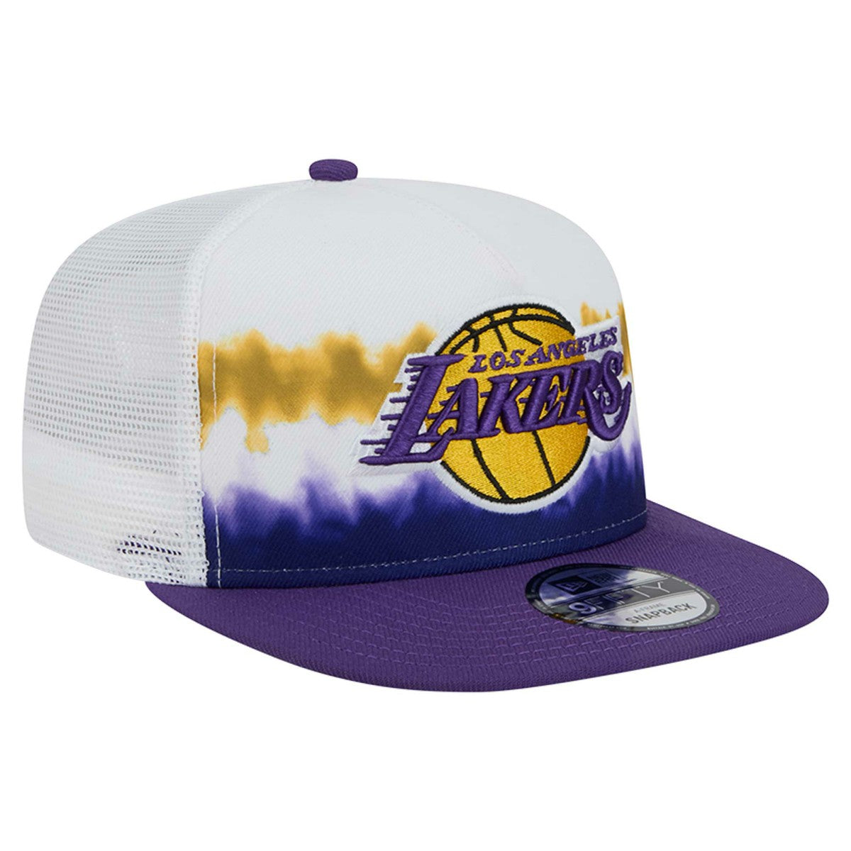 Los Angeles Lakers Dip-Dye 9FIFTY A-Frame Trucker Snapback Hat White/Purple | New Era Near Me