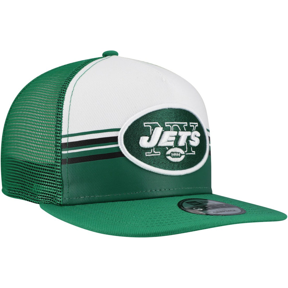 New York Jets New Era Striped A-Frame 9FIFTY Adjustable Trucker Snapback Hat White/Green