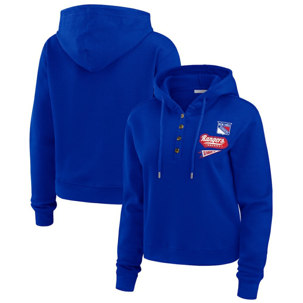 New York Rangers WEAR by Erin Andrews Women's Waffle-Knit Pullover Hoodie - Blue - NHL 201429708