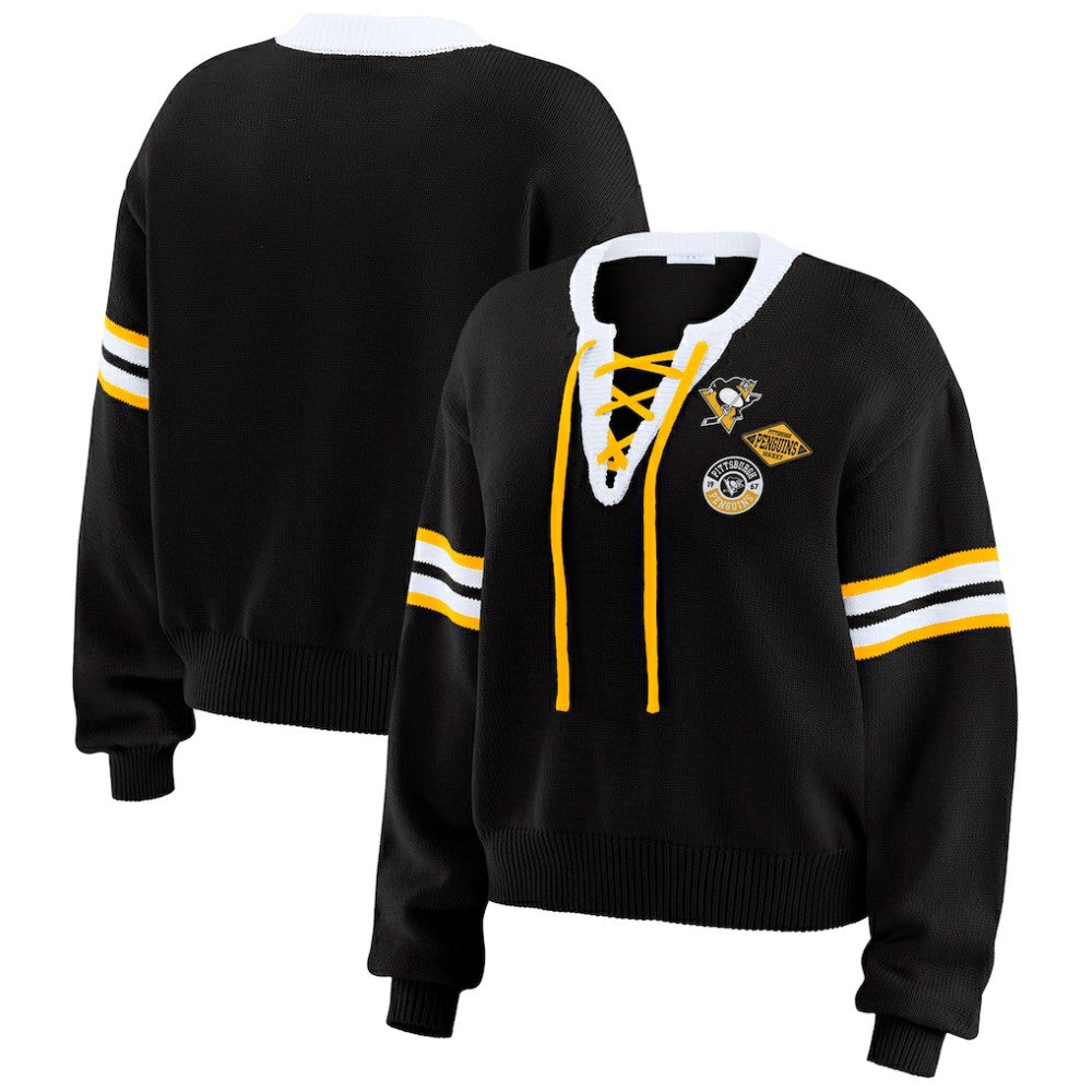 Pittsburgh Penguins WEAR by Erin Andrews Women's Cropped Lace-Up Sweater - Black - NHL 201429721