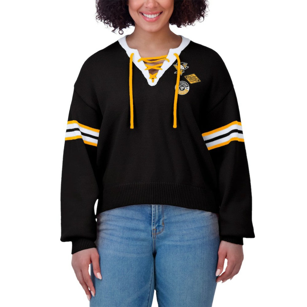 Pittsburgh Penguins WEAR by Erin Andrews Women's Cropped Lace-Up Sweater - Black - NHL 201429721
