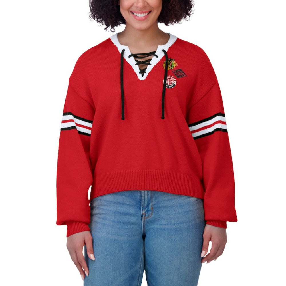Chicago Blackhawks WEAR by Erin Andrews Women's Cropped Lace-Up Sweater - Red - NHL 201429722